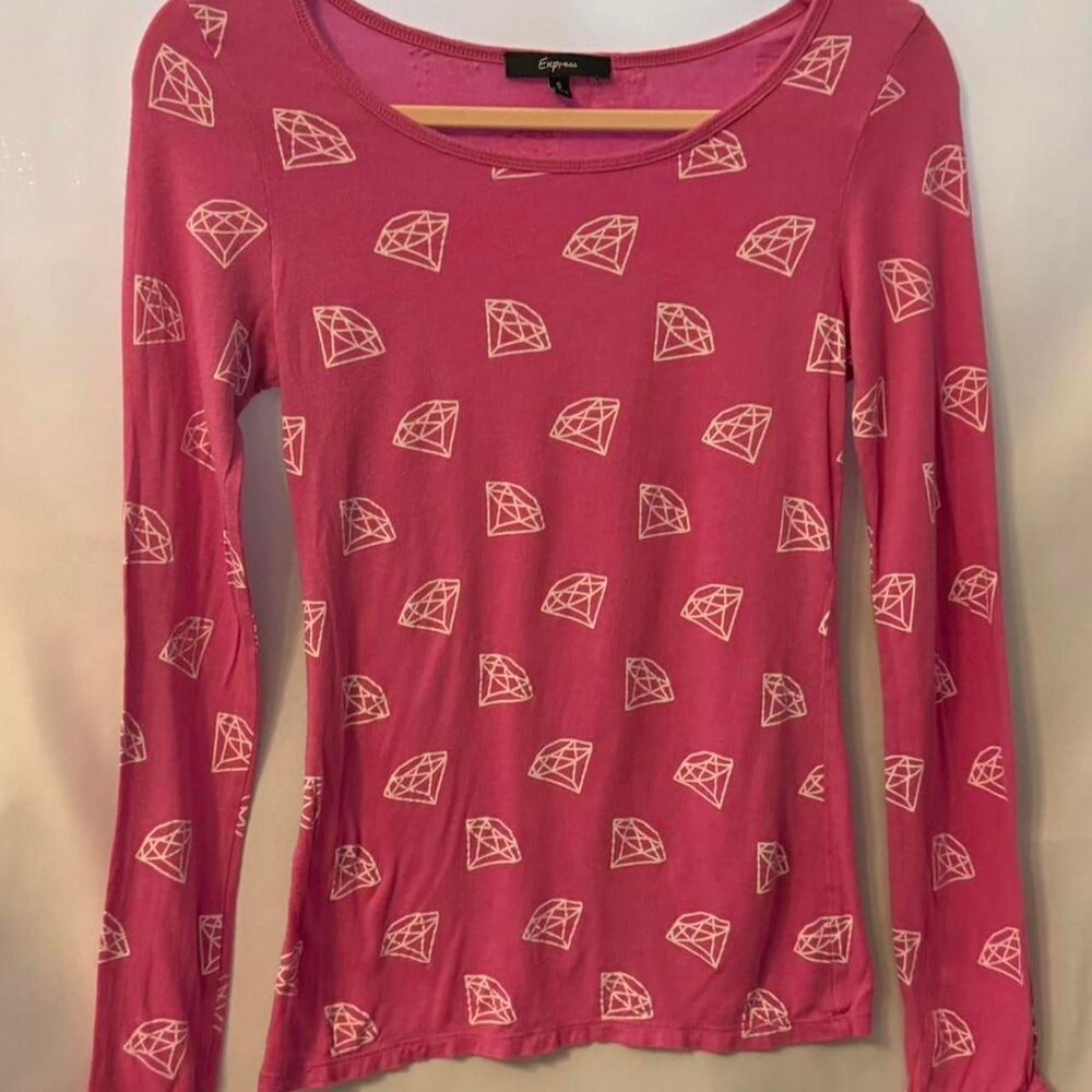 Express Y2K Pink Diamond Print Fitted Long Sleeve Tee Sz S 2007 McBling Coquette